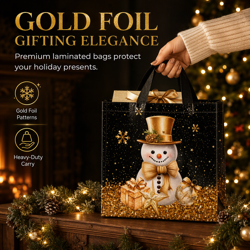 🎄 TIDSBEGRÄNSAT 50 % RABATT! 🖤 Svart Julklappsväska i Non-Woven – Slitstark med Hög Bärförmåga, Väderbeständig Laminerad Barriär & Fantastiska Guldfoliedetaljer – Elegant Julklappsinslagning ✨