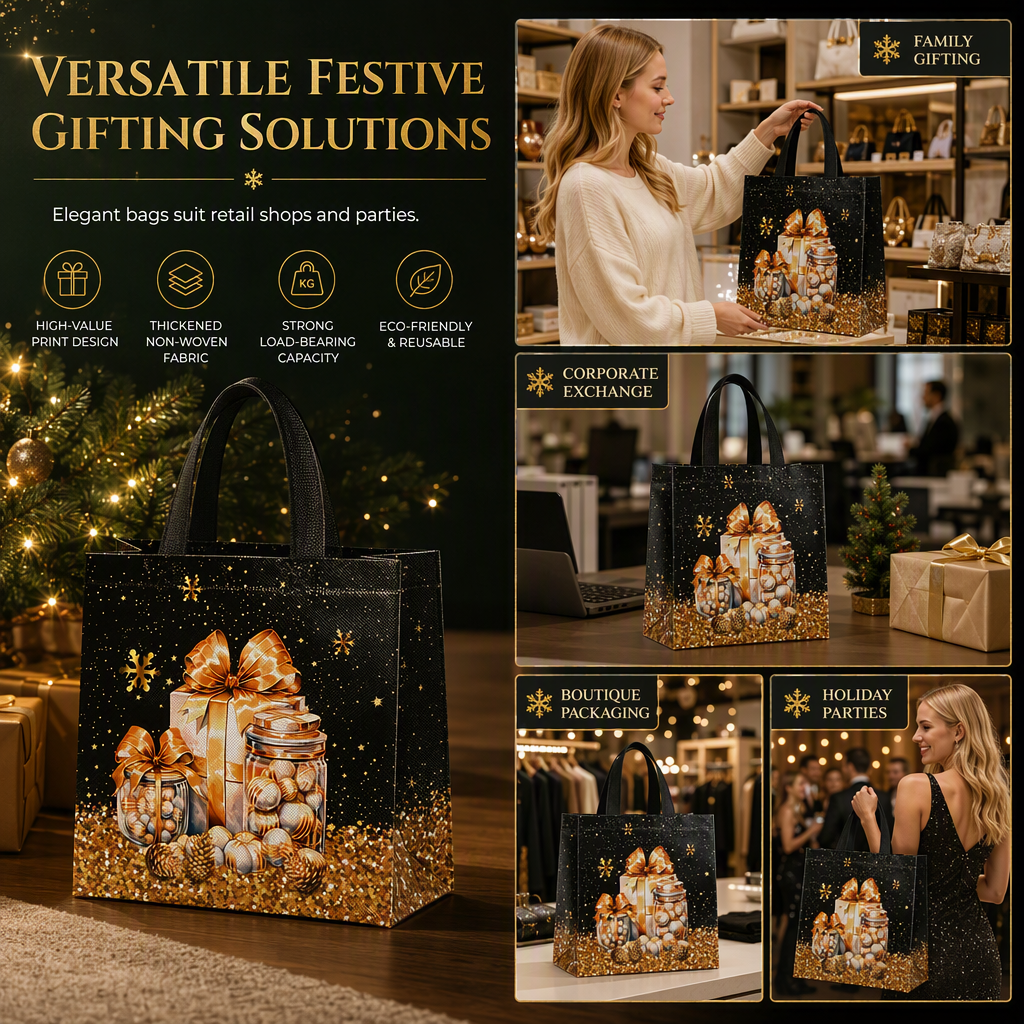 🎄 50 % RABATT NU! 🎁 Svart julklappsväska i non-woven – slitstark, väderbeständig & guldfoliedetaljer – perfekt för elegant julklappsinslagning ✨