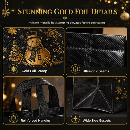 🎄 TIDSBEGRÄNSAT 50 % RABATT! 🖤 Svart Julklappsväska i Non-Woven – Slitstark med Hög Bärförmåga, Väderbeständig Laminerad Barriär & Fantastiska Guldfoliedetaljer – Elegant Julklappsinslagning ✨