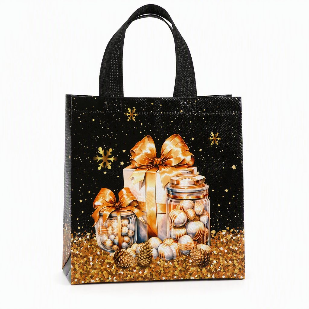 🎄 50 % RABATT NU! 🎁 Svart julklappsväska i non-woven – slitstark, väderbeständig & guldfoliedetaljer – perfekt för elegant julklappsinslagning ✨
