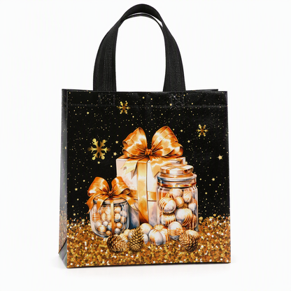 🎄 50 % RABATT NU! 🎁 Svart julklappsväska i non-woven – slitstark, väderbeständig & guldfoliedetaljer – perfekt för elegant julklappsinslagning ✨