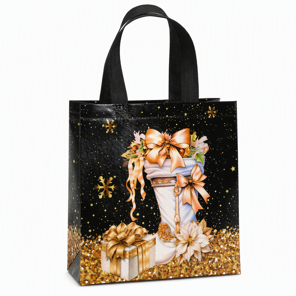 🎄 50 % RABATT NU! 🎁 Svart julklappsväska i non-woven – slitstark, väderbeständig & guldfoliedetaljer – perfekt för elegant julklappsinslagning ✨