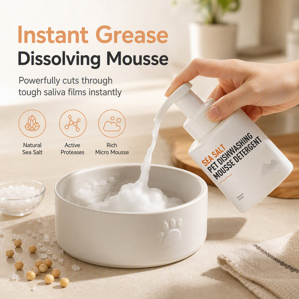 Sea Salt Pet Dishwashing Mousse Detergent for Dog Food Bowls and Tableware with Cleaning Sponge Set