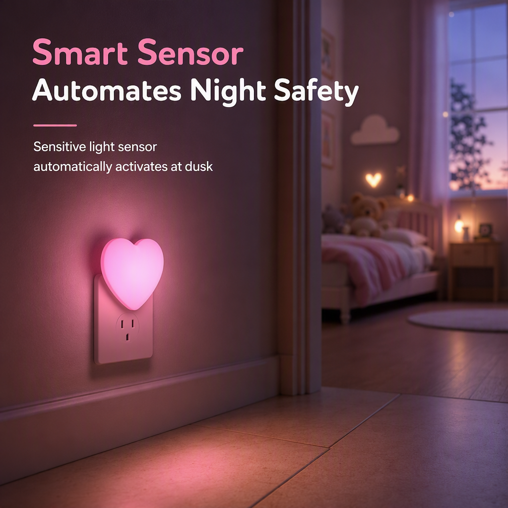 US Plug LED Plug in Night Light with Light Control Sensor Cute Heart Shaped Wall Lamp for Bedroom Sleep Atmosphere