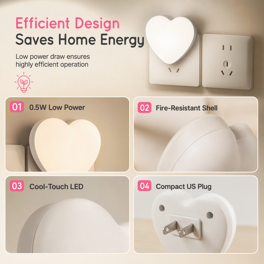 US Plug LED Plug in Night Light with Light Control Sensor Cute Heart Shaped Wall Lamp for Bedroom Sleep Atmosphere