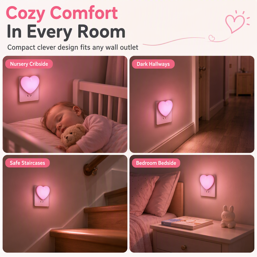 US Plug LED Plug in Night Light with Light Control Sensor Cute Heart Shaped Wall Lamp for Bedroom Sleep Atmosphere