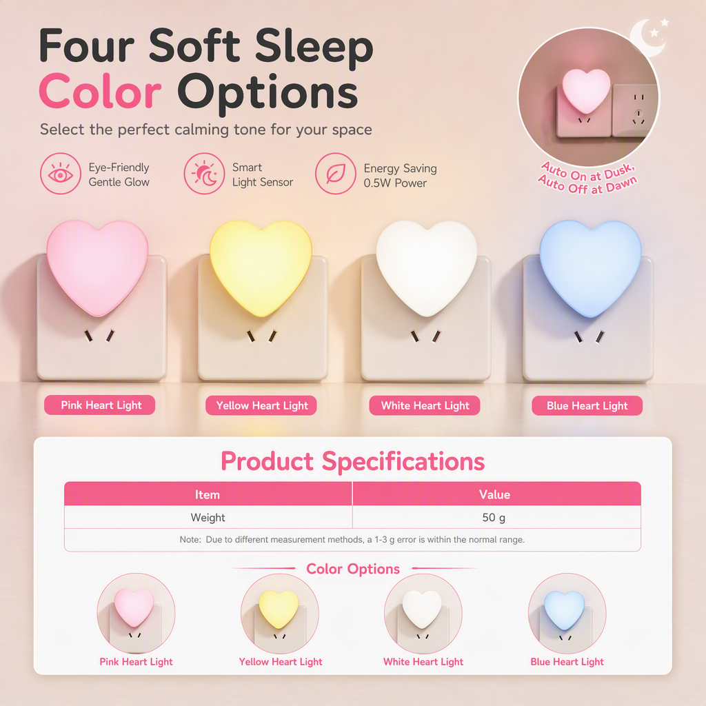 US Plug LED Plug in Night Light with Light Control Sensor Cute Heart Shaped Wall Lamp for Bedroom Sleep Atmosphere