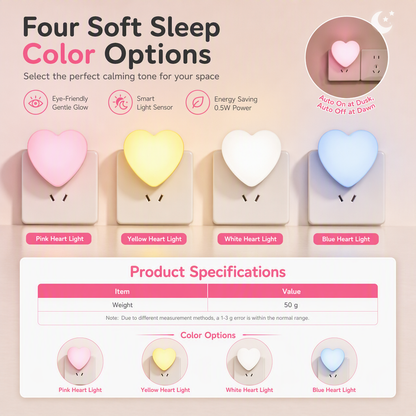 US Plug LED Plug in Night Light with Light Control Sensor Cute Heart Shaped Wall Lamp for Bedroom Sleep Atmosphere
