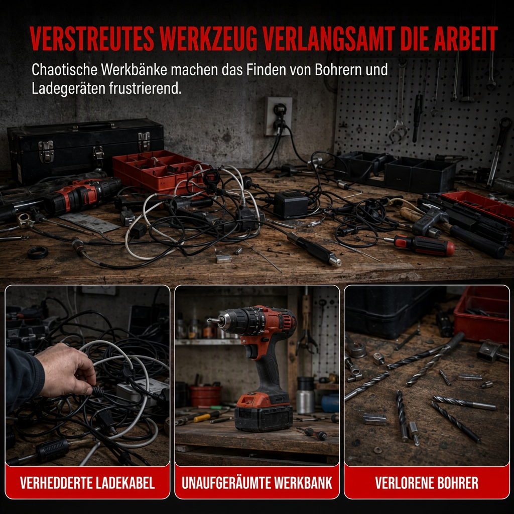 Väggmonterad verktygshållare & borrförvaring med krokar och batterihållare för garage