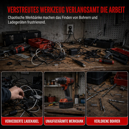 Väggmonterad verktygshållare & borrförvaring med krokar och batterihållare för garage
