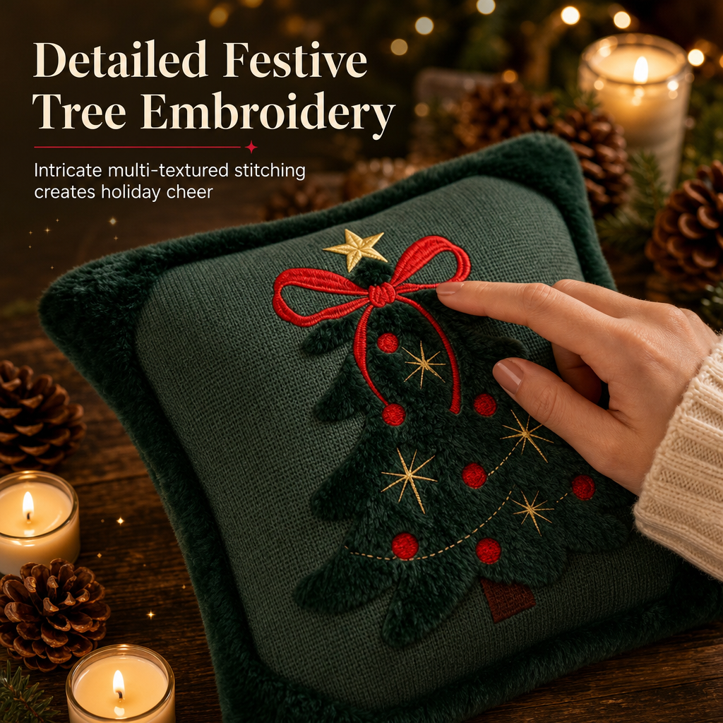 🎄50% RABATT🧸Broderad Julgransformad Kuddfodral med Rosett 45x45cm, fin juldekoration till hemmet✨