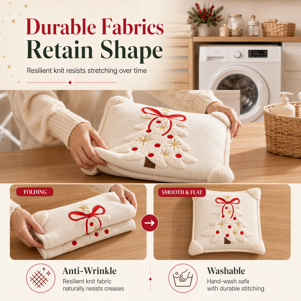 🎄50% RABATT🧸Broderad Julgransformad Kuddfodral med Rosett 45x45cm, fin juldekoration till hemmet✨