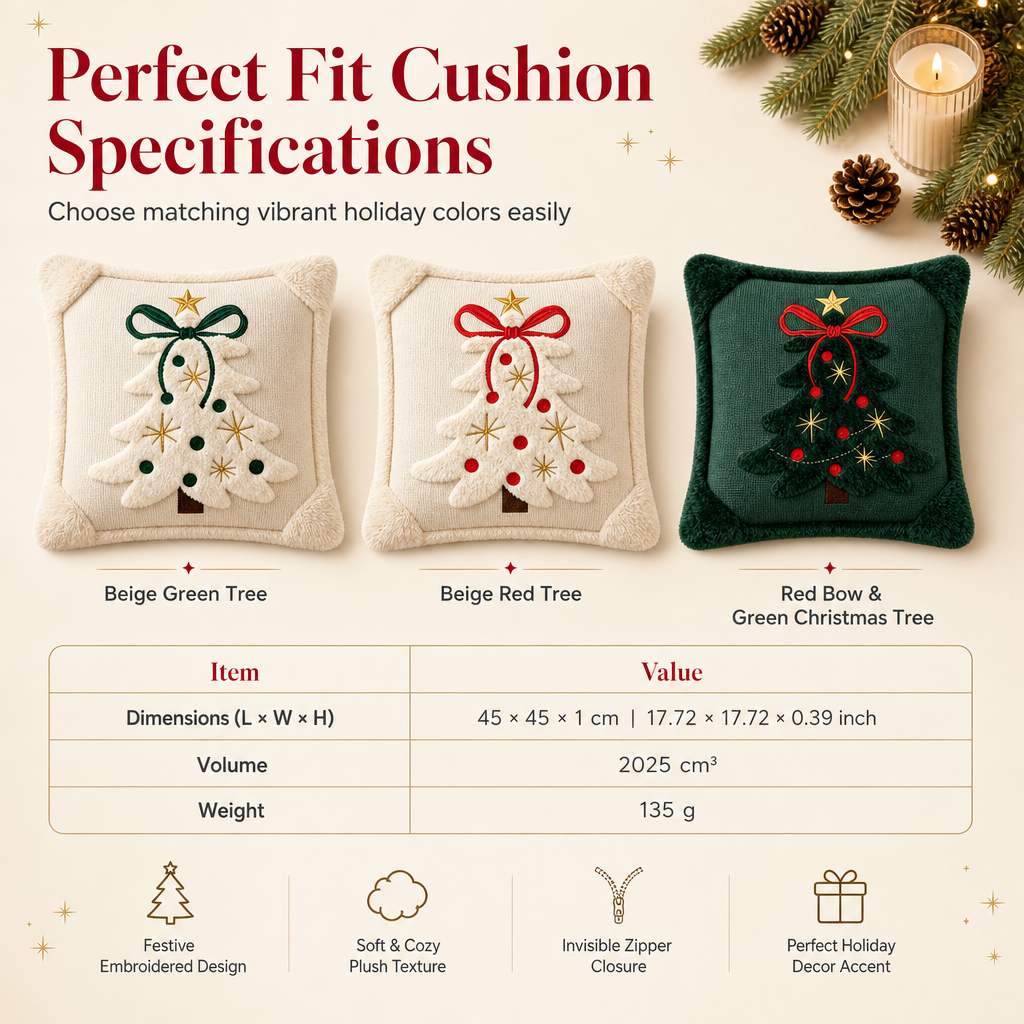 🎄50% RABATT🧸Broderad Julgransformad Kuddfodral med Rosett 45x45cm, fin juldekoration till hemmet✨