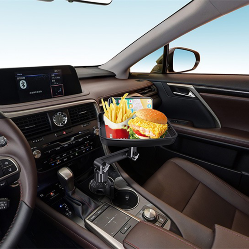 ⏳🔥 TIDSBEGRÄNSAT 50% RABATT! 🚗 Matbricka för bilens mugghållare: 360° rotation, utdragbar yta, mobilhållare & verktygsfri montering