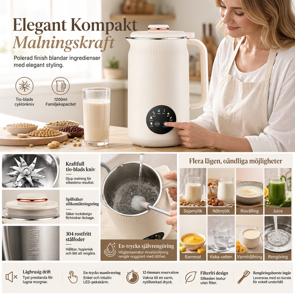 🥛 50 % RABATT NU! ⚙️ Automatisk sojamjölksmaskin med kraftfull mixer – 1500 ml, filterfri & 10 blad i 304 rostfritt stål ✨