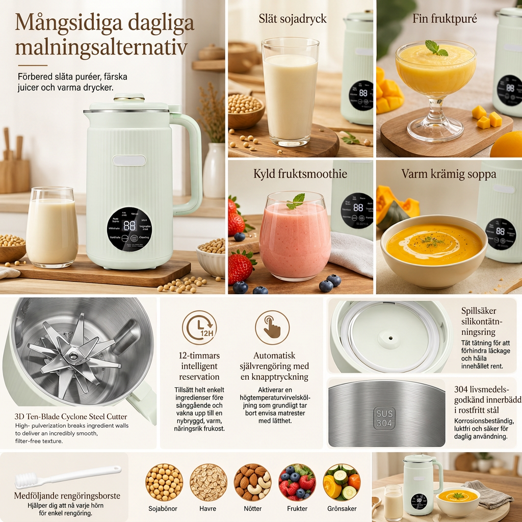 🥛 50 % RABATT NU! ⚙️ Automatisk sojamjölksmaskin med kraftfull mixer – 1500 ml, filterfri & 10 blad i 304 rostfritt stål ✨
