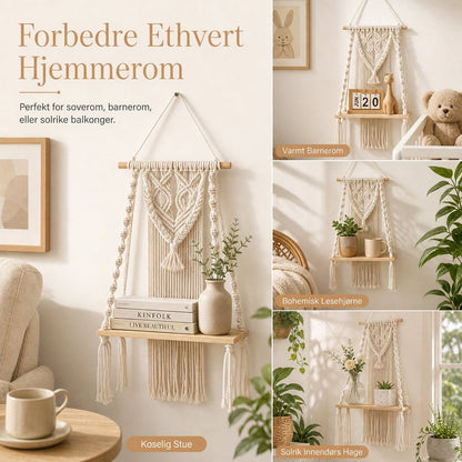 🏡 Bohemsk handvävd makramé vägghängd flytande hylla – för böcker & växter, skapar mysig hemkänsla ✨