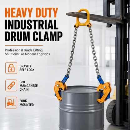 Kraftig fatlyftsklämma för gaffeltruck och kran – sänksmidd fathanteringsklo för stål- och metallfat