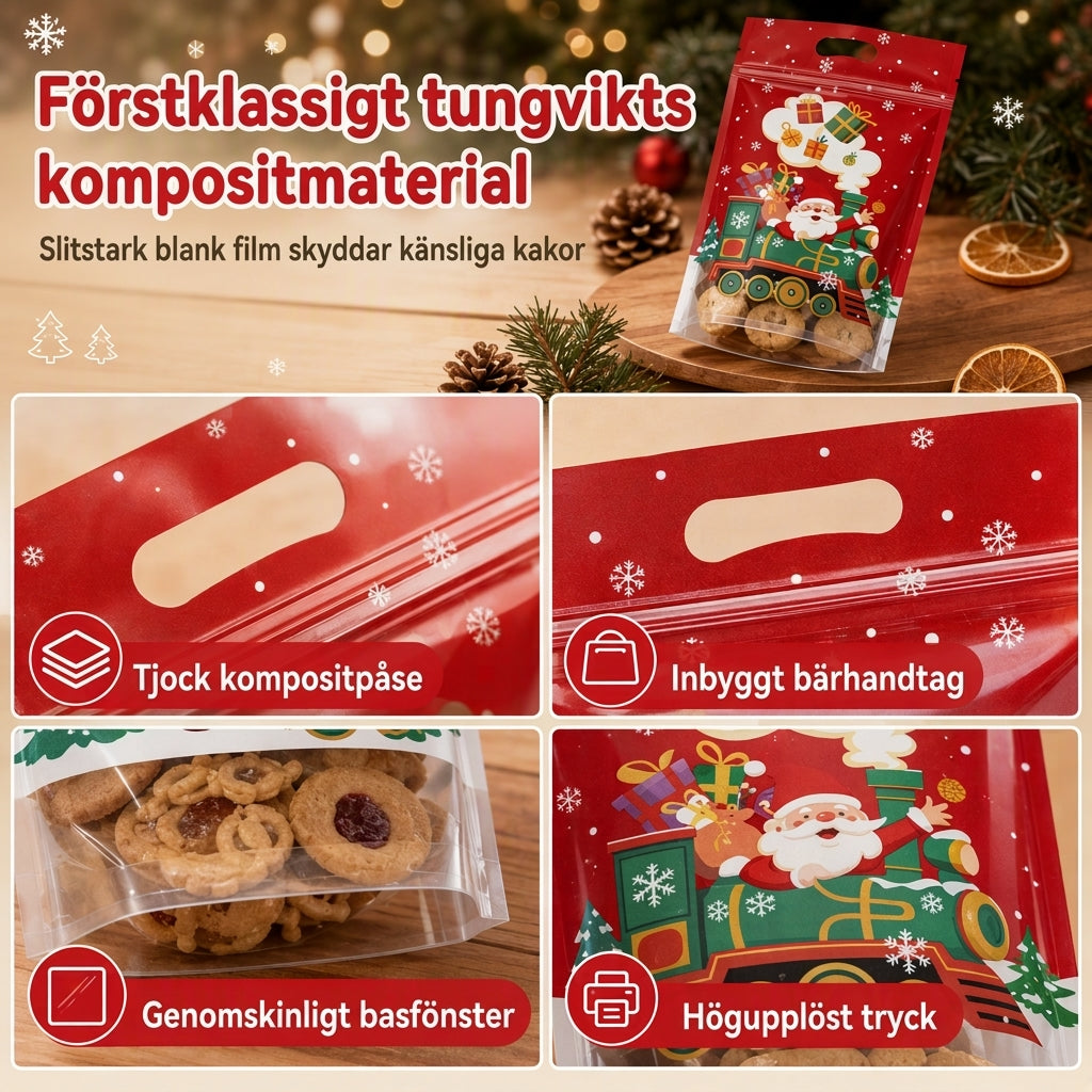 📢📢50 % RABATT !! ⏰50-pack julgodispåsar, stående dragkedjepåsar med tecknade motiv för förpackning av snöflingeskorpor, kakor och bakade livsmedel