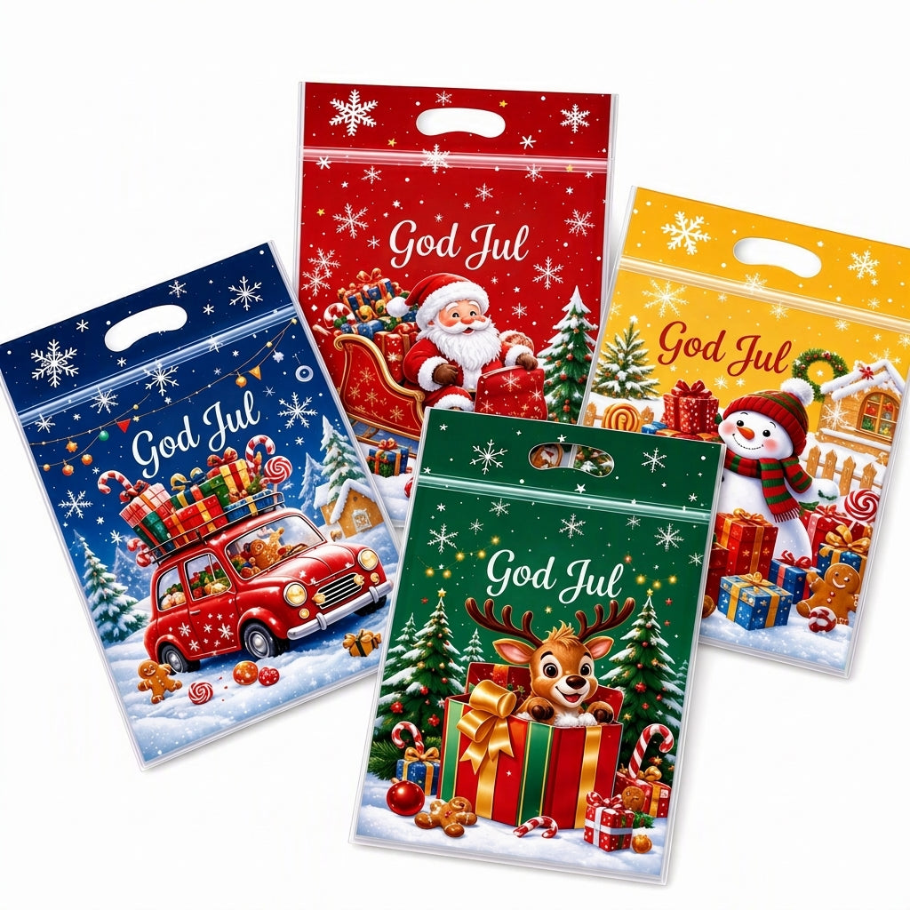 📢📢50 % RABATT !! ⏰50-pack julgodispåsar, stående dragkedjepåsar med tecknade motiv för förpackning av snöflingeskorpor, kakor och bakade livsmedel