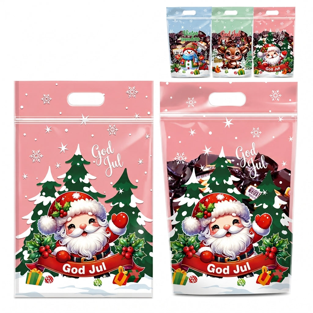 📢📢50 % RABATT !! ⏰50-pack julgodispåsar, stående dragkedjepåsar med tecknade motiv för förpackning av snöflingeskorpor, kakor och bakade livsmedel