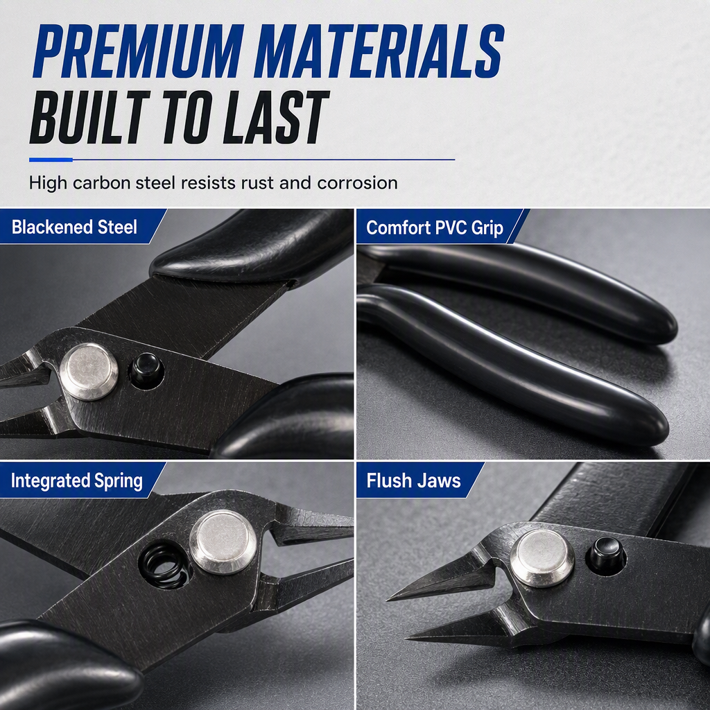 📢📢50% OFF !! ⏰ Precision Diagonal Pliers: Flush Cut, Spring-Loaded, Blackened Steel, Non-Slip Grip