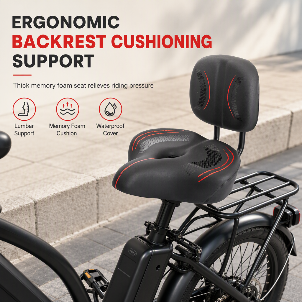 📢📢50% RABATT NU!! ⏰Bred Cykelsadel med Ryggstöd – Extra Stor Sittdyna för Elcyklar, Trehjulingar & Motionscyklar