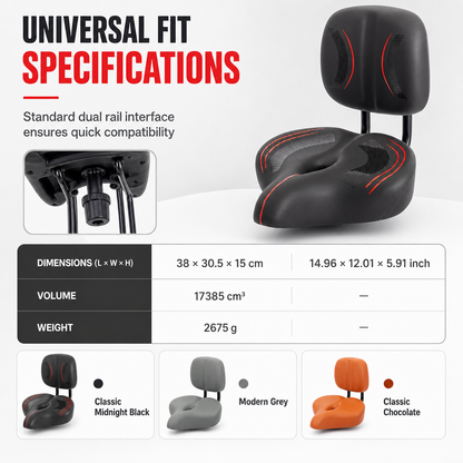 📢📢50% RABATT NU!! ⏰Bred Cykelsadel med Ryggstöd – Extra Stor Sittdyna för Elcyklar, Trehjulingar & Motionscyklar
