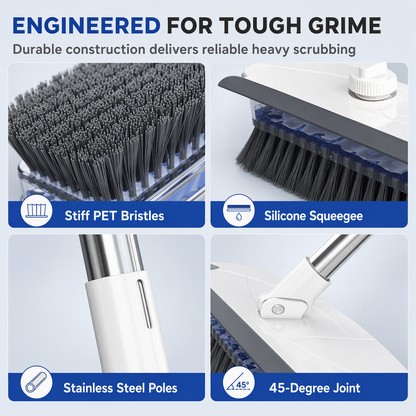 🧹✨ 4-i-1 Golvskurborste med vätskedispenser – 50% RABATT! Skura, skrapa, gummiskrapa & pincett, långt skaft, styva borst – djuprengör alla golv. 💪