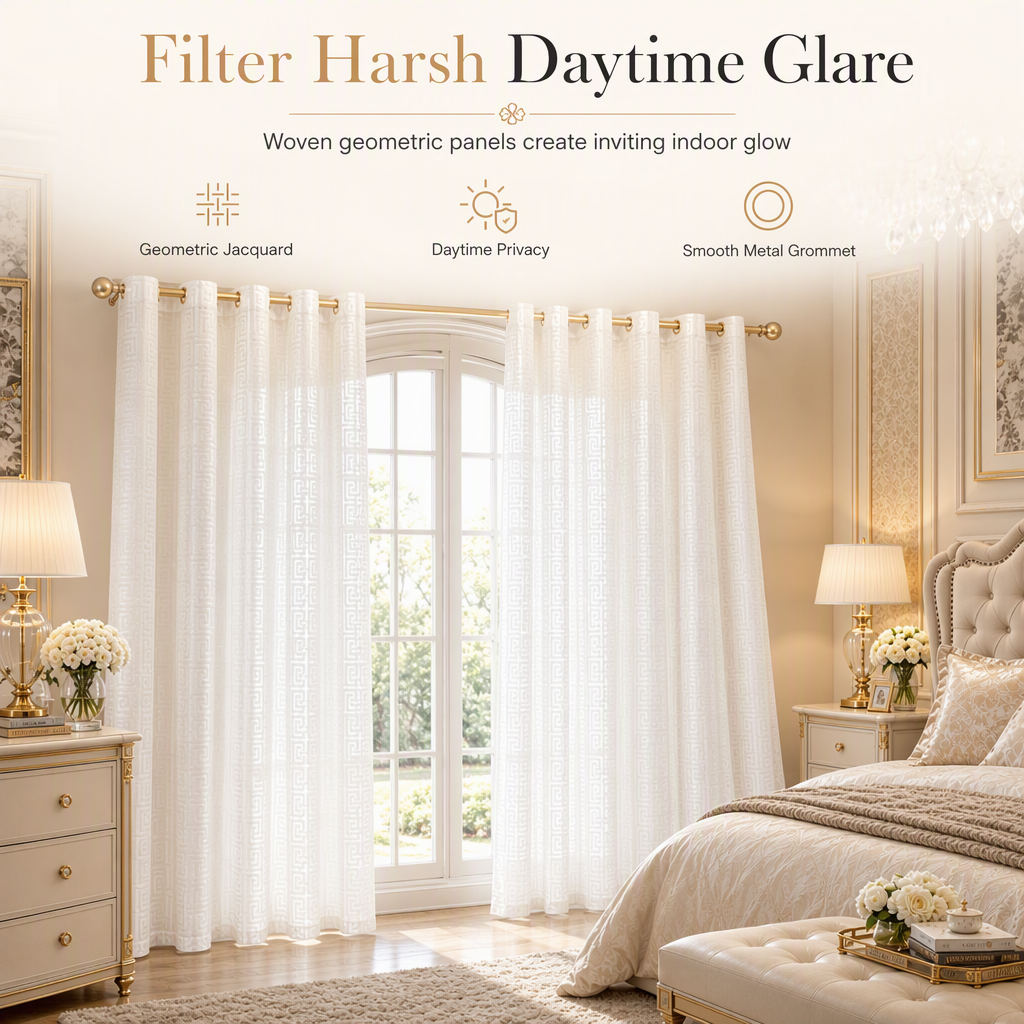 🪟 50% RABATT! ✨ Geometrisk jacquard-gardin i skir voile – Ljusfiltrerande, elegant & slitstark 🕊️