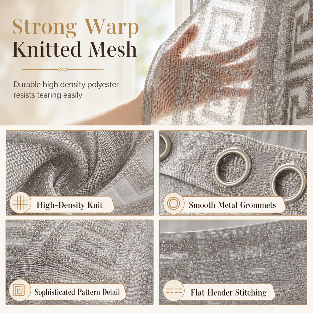 🪟 50% RABATT! ✨ Geometrisk jacquard-gardin i skir voile – Ljusfiltrerande, elegant & slitstark 🕊️