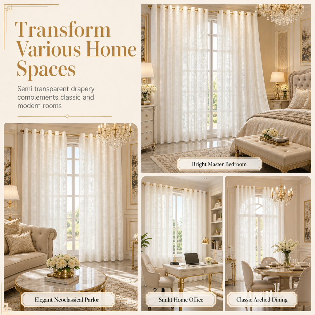🪟 50% RABATT! ✨ Geometrisk jacquard-gardin i skir voile – Ljusfiltrerande, elegant & slitstark 🕊️