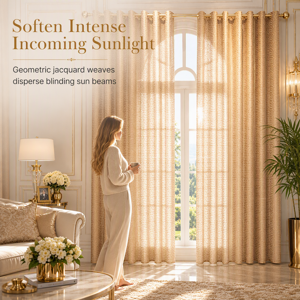 🪟 50% RABATT! ✨ Geometrisk jacquard-gardin i skir voile – Ljusfiltrerande, elegant & slitstark 🕊️