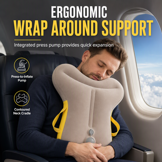 Uppblåsbar ergonomisk resekudde för flyg, bil och vila