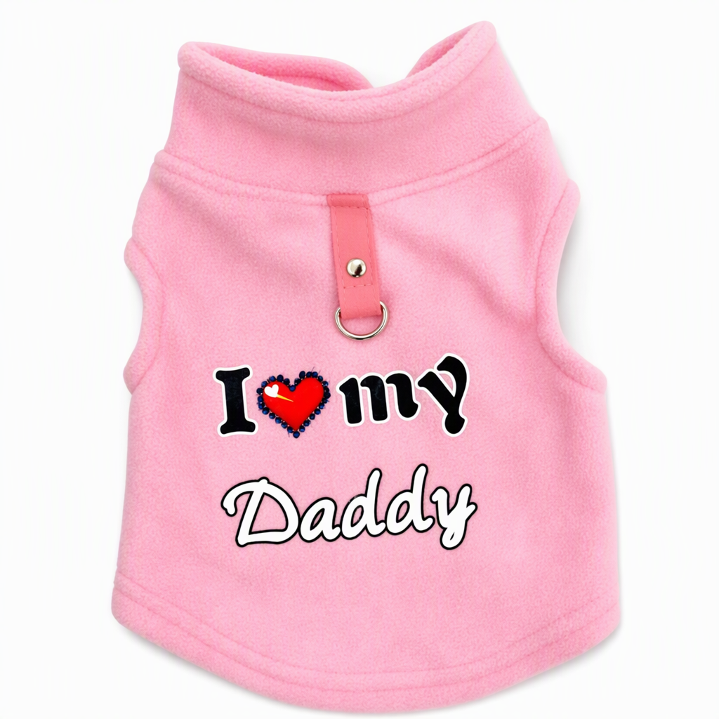 📢📢50 % RABATT !! ⏰ Varm husdjurströja med koppelring – “Love Dad & Mum”-design, håll din hund varm och stilig på vinterpromenader ❄️