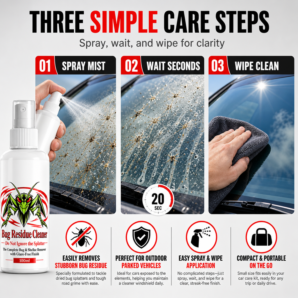 Car Windshield Bug Residue and Dust Cleaner 100ml Glass Cleaning Liquid for Removing Dirt and Insect Splats