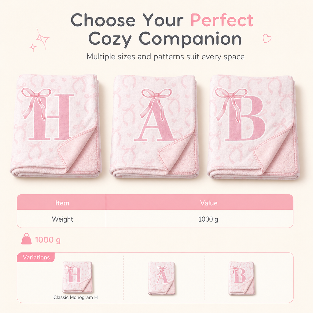 🎀 50% RABATT! ✨ Tjock Dubbelsidig Flanellpläd med Söt Rosett & Bokstavsmönster – Ultramjuk & Varm Filt 🩷