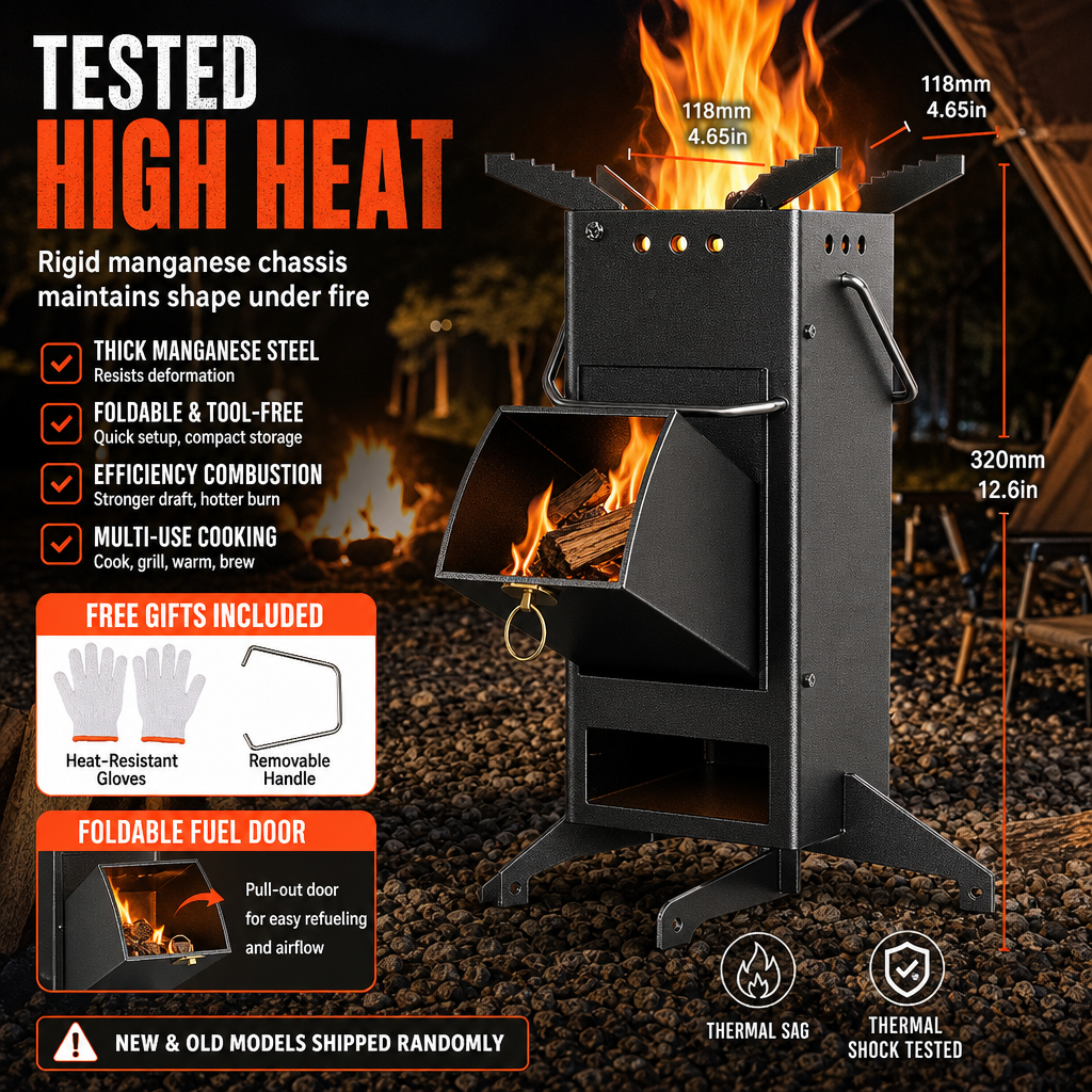 🔥 40% RABATT! Hopfällbart Vedeldat Raketkök – Kraftigt Stål & Verktygsfri Montering för Friluftsmatlagning 🏕️🍳