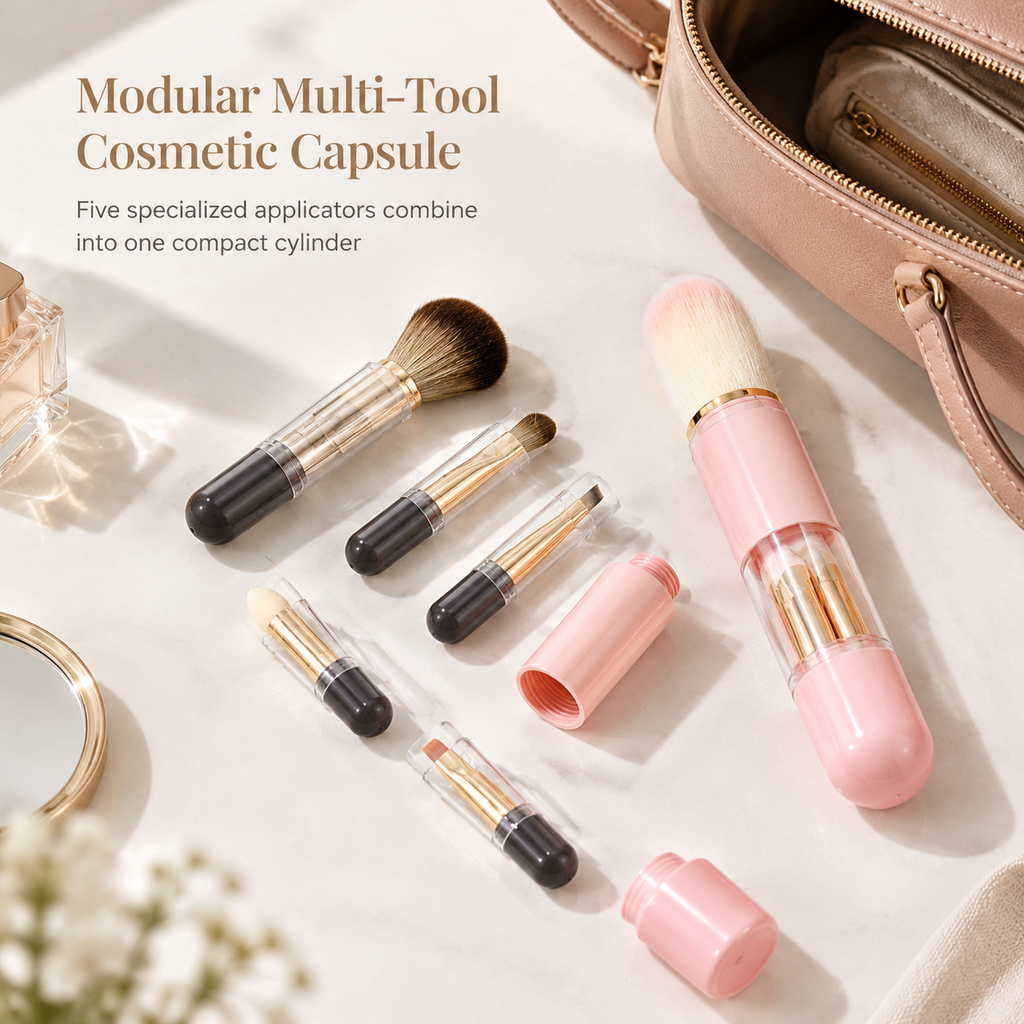 💄【5-i-1-set med sminkborstar i kapselform】—— Fem borstar i en förpackning, med utdragbar förvaring – det här setet räcker gott och väl när du är på språng! ✨