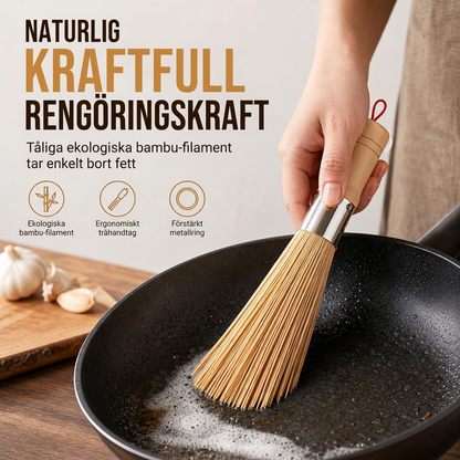 Traditionell naturlig bambuborste med trähandtag för rengöring av grytor och pannor