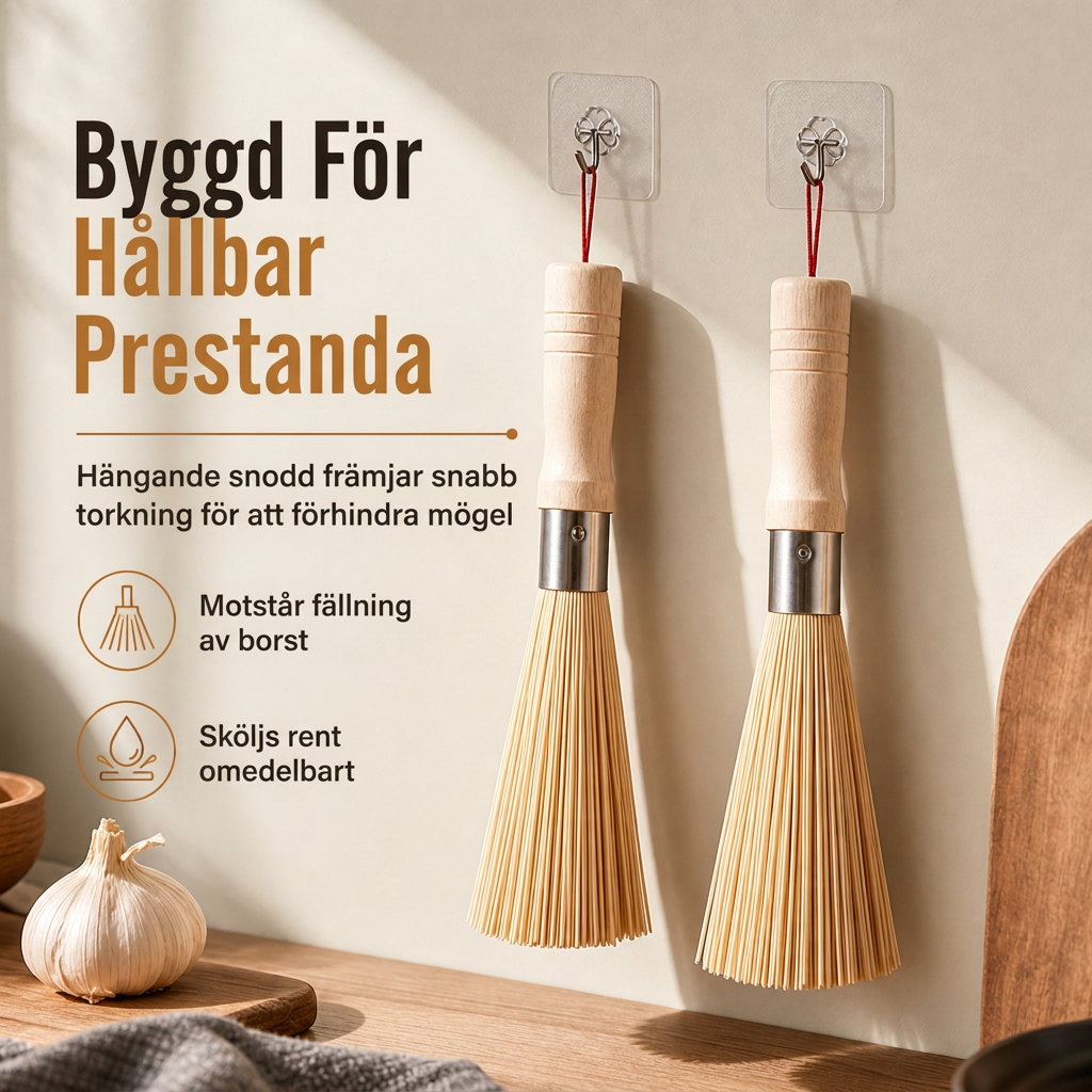 Traditionell naturlig bambuborste med trähandtag för rengöring av grytor och pannor