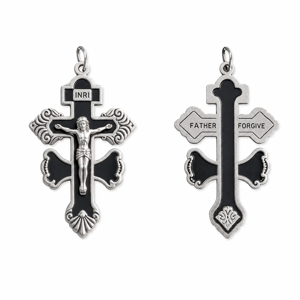 Krucifixhänge i zinklegering med Sankt Benedikt-medalj – Religiös berlock i antiksilver ✨