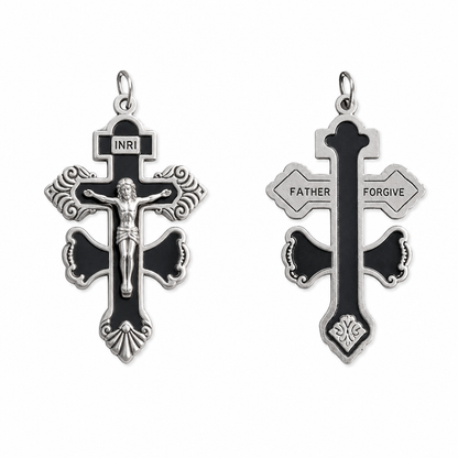 Krucifixhänge i zinklegering med Sankt Benedikt-medalj – Religiös berlock i antiksilver ✨