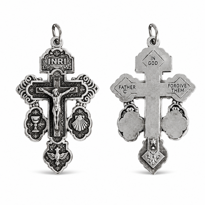 Krucifixhänge i zinklegering med Sankt Benedikt-medalj – Religiös berlock i antiksilver ✨