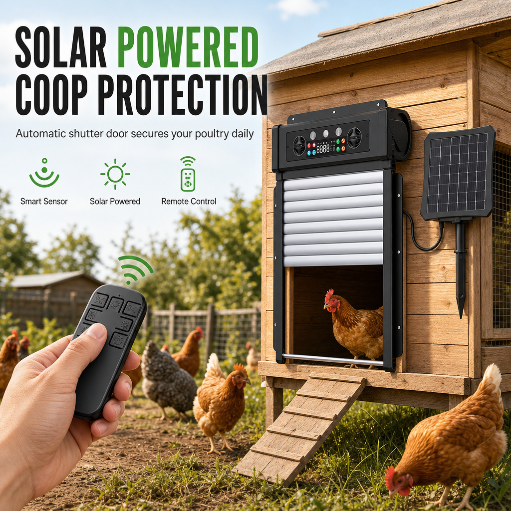 ☀️ Solcellsdriven automatisk hönshusdörr – 4 lägen, klämskydd & väderbeständig ABS