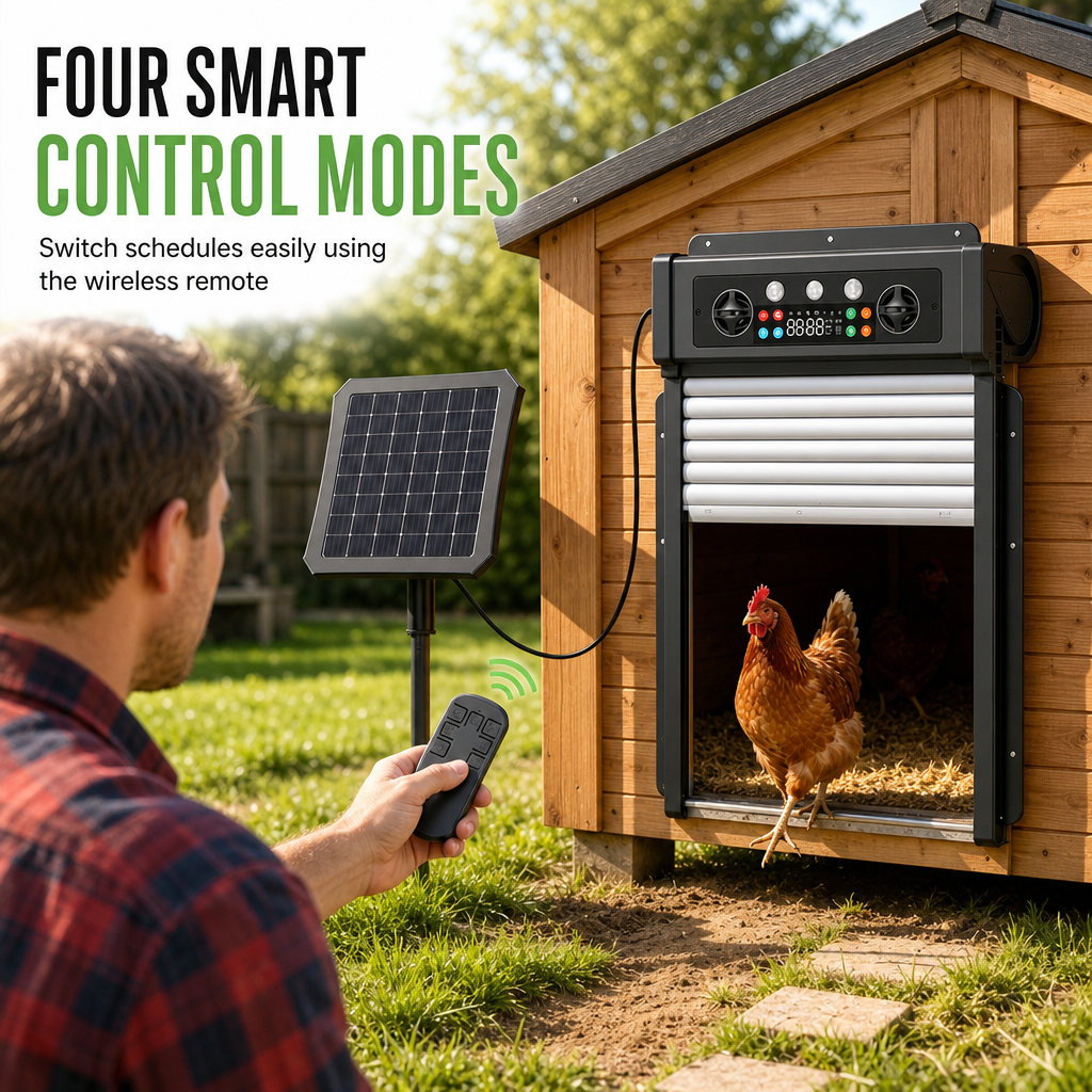 ☀️ Solcellsdriven automatisk hönshusdörr – 4 lägen, klämskydd & väderbeständig ABS