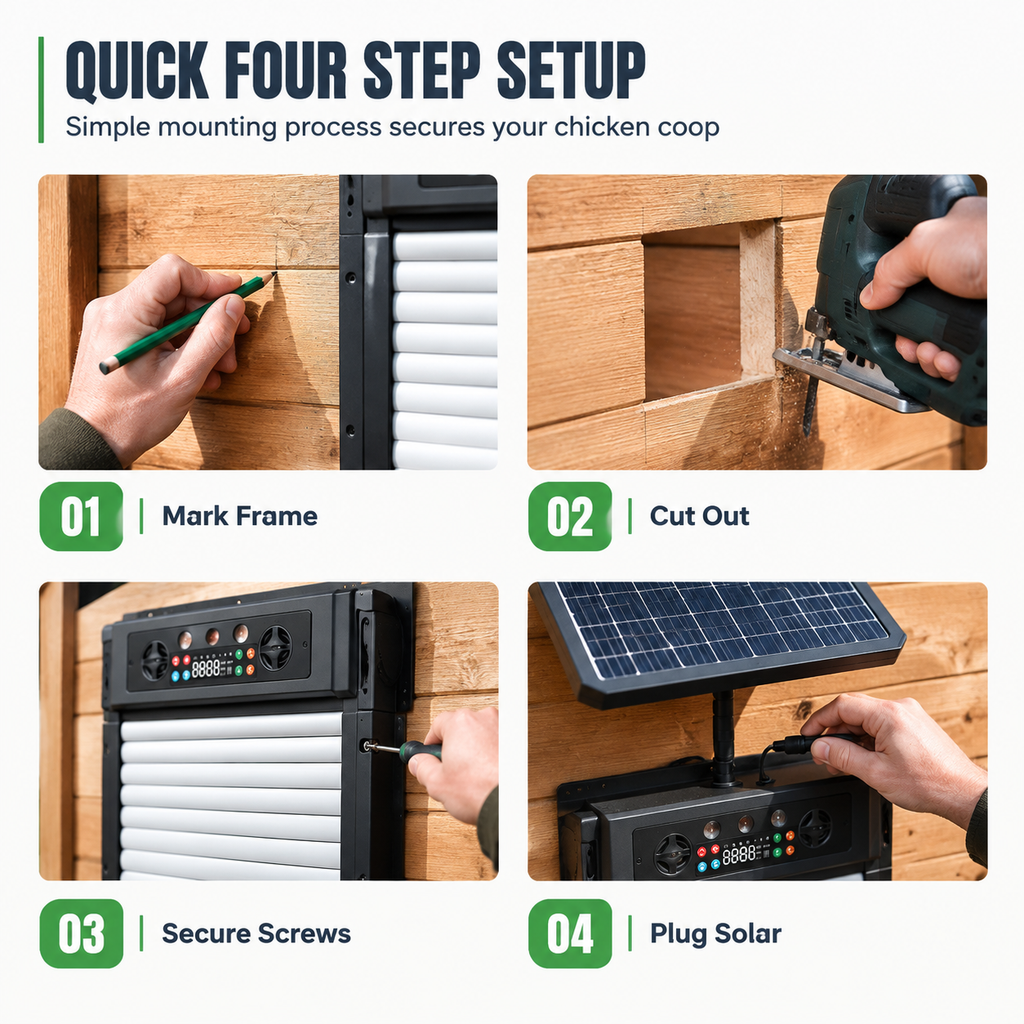 ☀️ Solcellsdriven automatisk hönshusdörr – 4 lägen, klämskydd & väderbeständig ABS