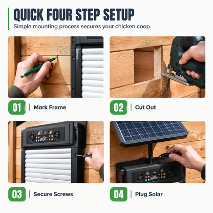 ☀️ Solcellsdriven automatisk hönshusdörr – 4 lägen, klämskydd & väderbeständig ABS