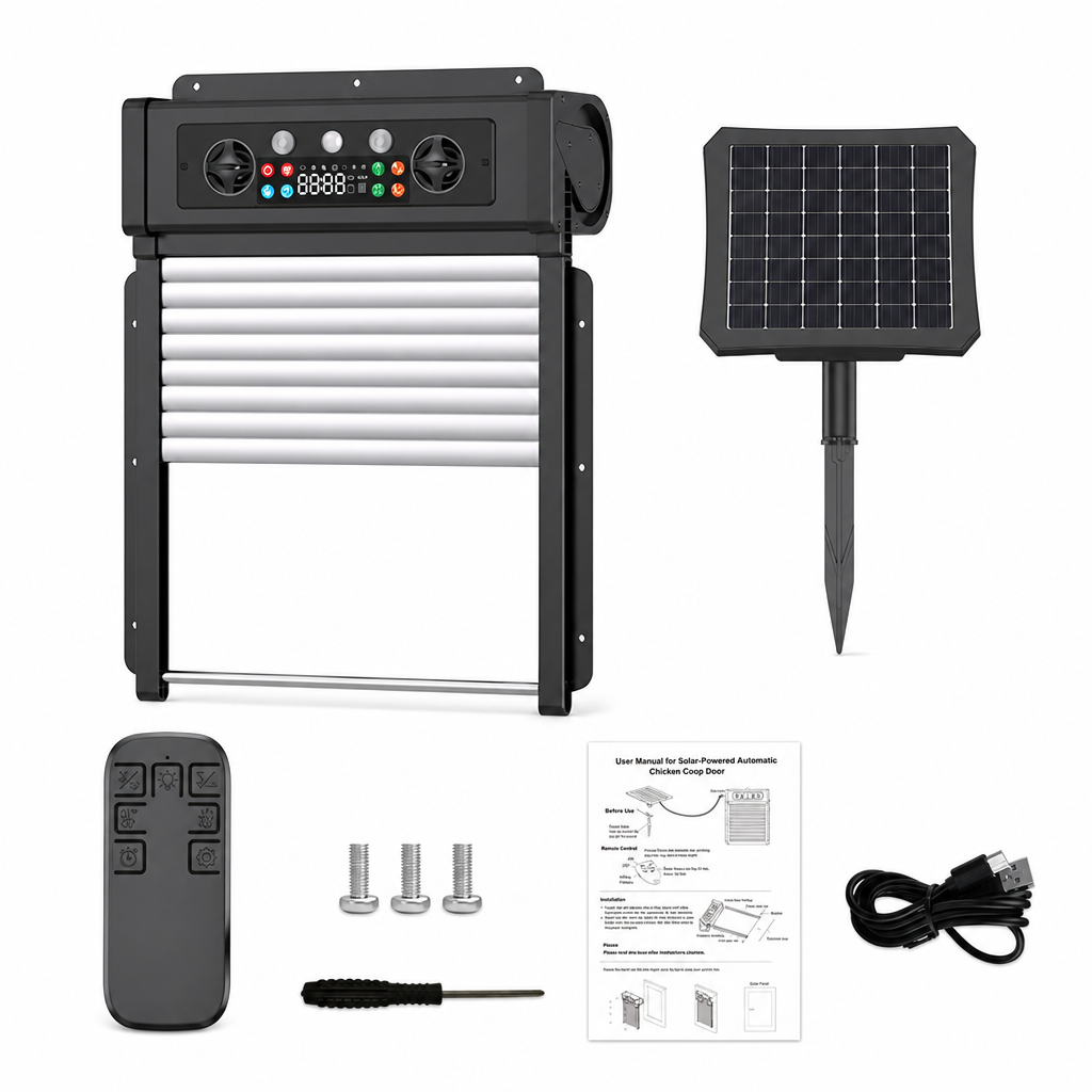 ☀️ Solcellsdriven automatisk hönshusdörr – 4 lägen, klämskydd & väderbeständig ABS