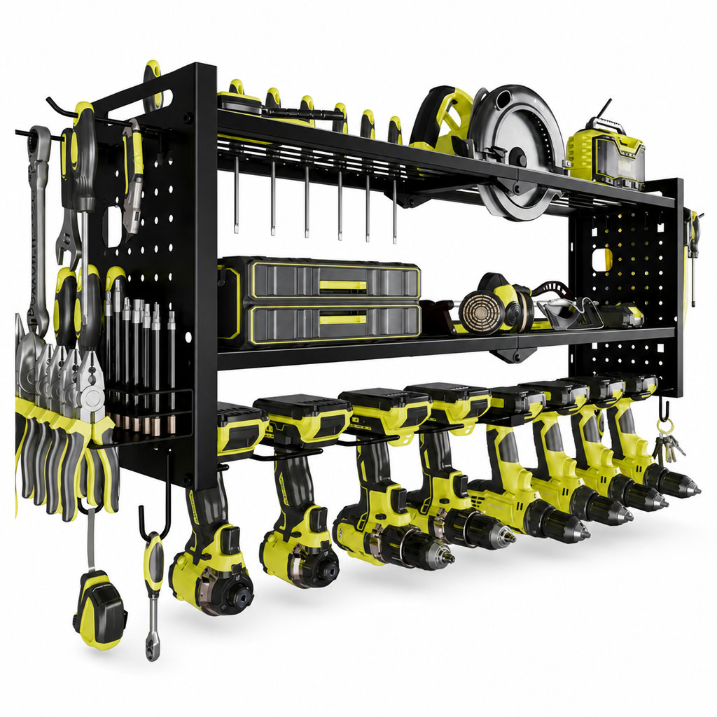 🧰 50 % RABATT NU! 🔧 Robust väggmonterad stålställning för elverktyg – sidohålplattor & hög bärförmåga för verkstaden 🛠️